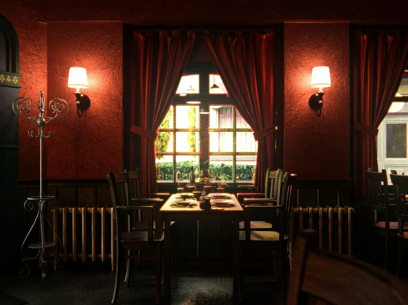 Warm, softly lit dining room with deep red walls at Julia&rsquo;s Mexican Restaurant