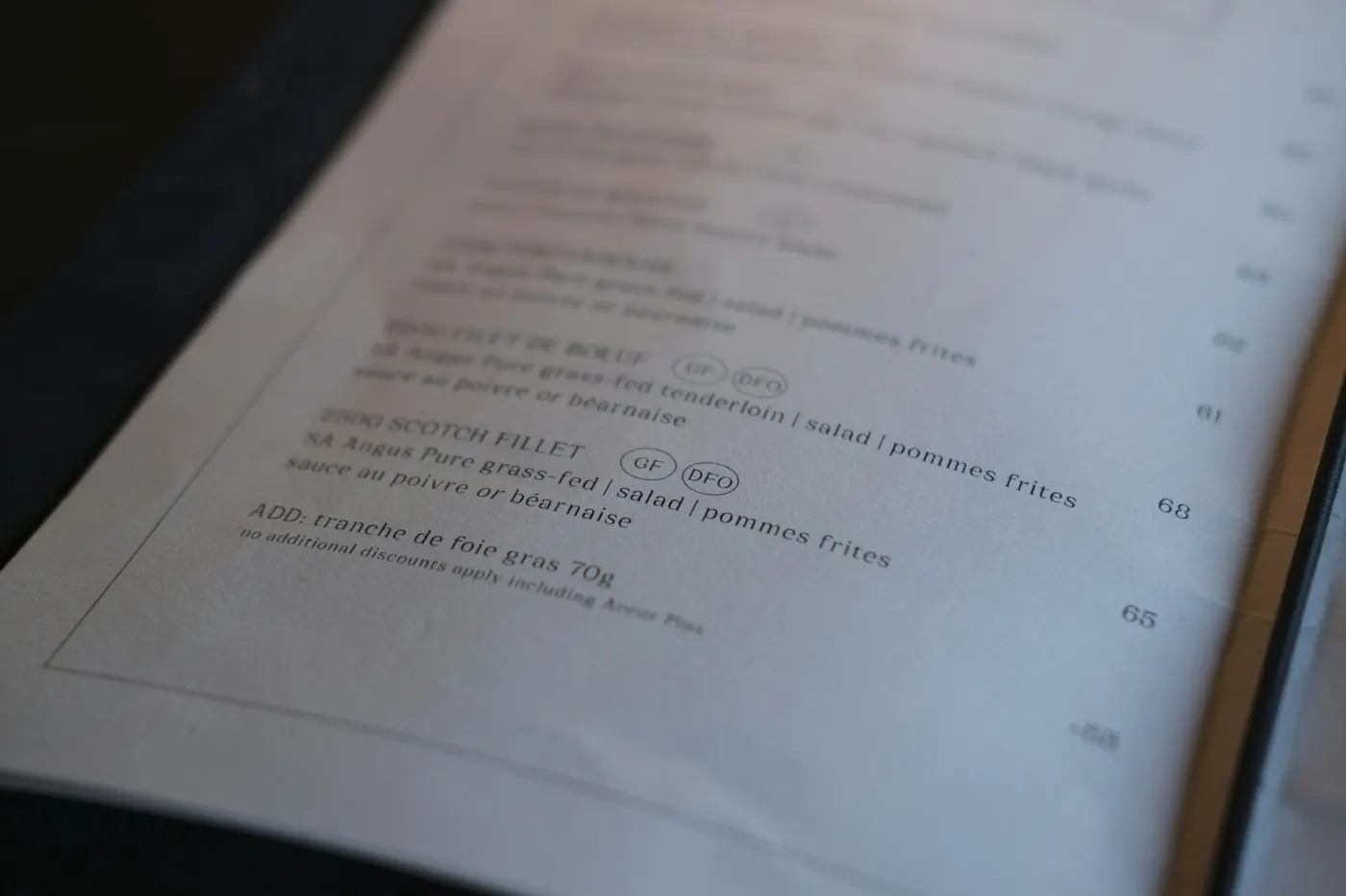 A close view of a printed menu page
