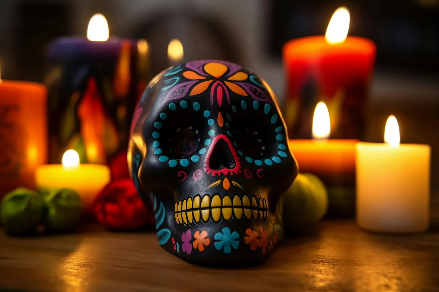 A brightly painted sugar skull surrounded by lit candles