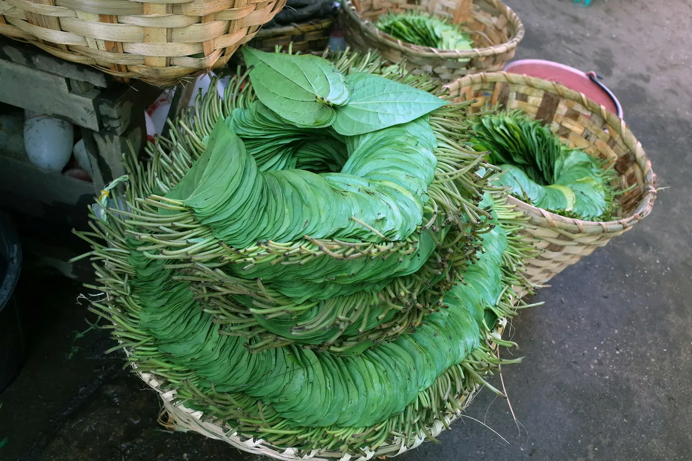 Woven baskets holding tightly packed bundles of green chiles at a market