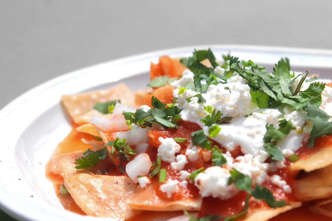 Chilaquiles topped with crema, crumbled queso fresco and cilantro
