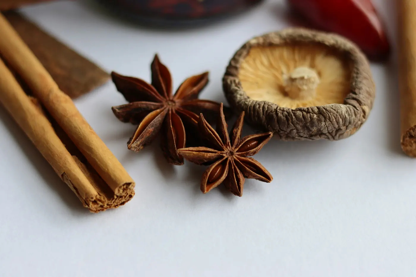 Cinnamon sticks, star anise and a piece of dried fruit on a pale surface