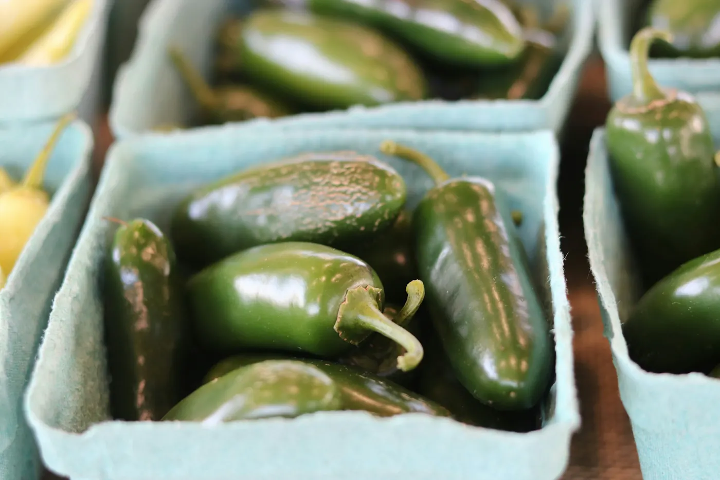 Dark green jalapeno peppers sitting in paper punnets