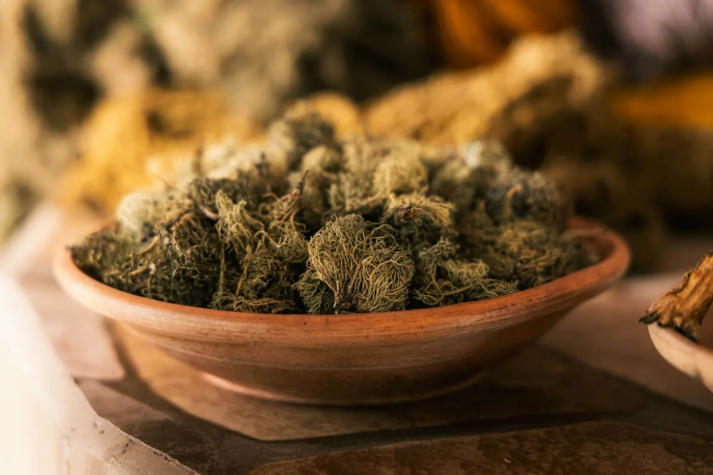 Bunches of dried herbs piled in a shallow clay bowl