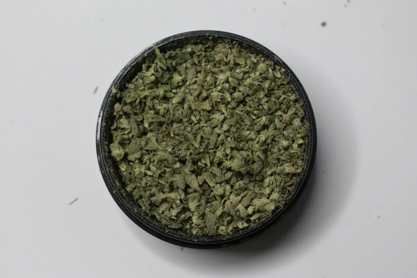 Dried crumbled green leaves in a dark bowl