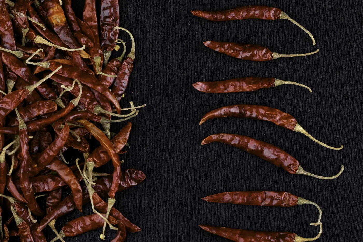 Dried red chile pods laid out in a row against a dark surface