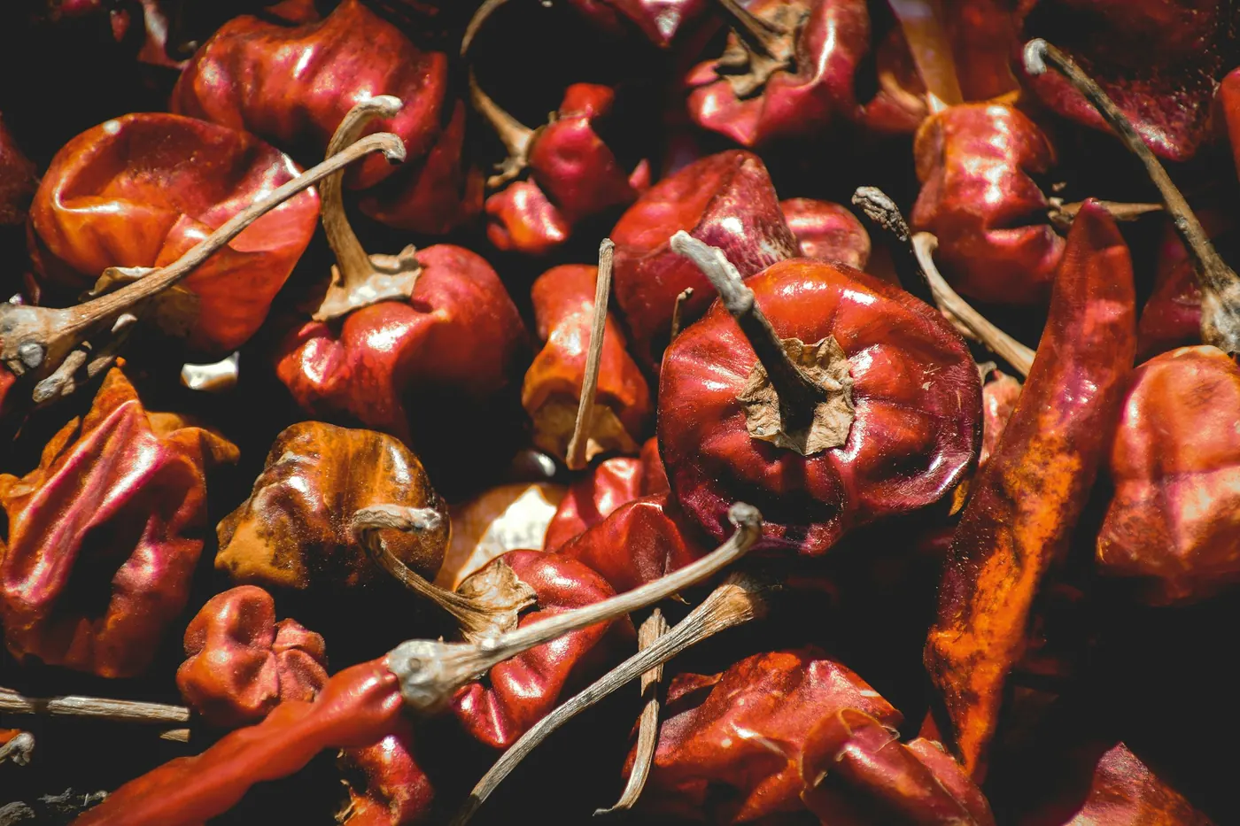 A scattering of loose dried red chiles