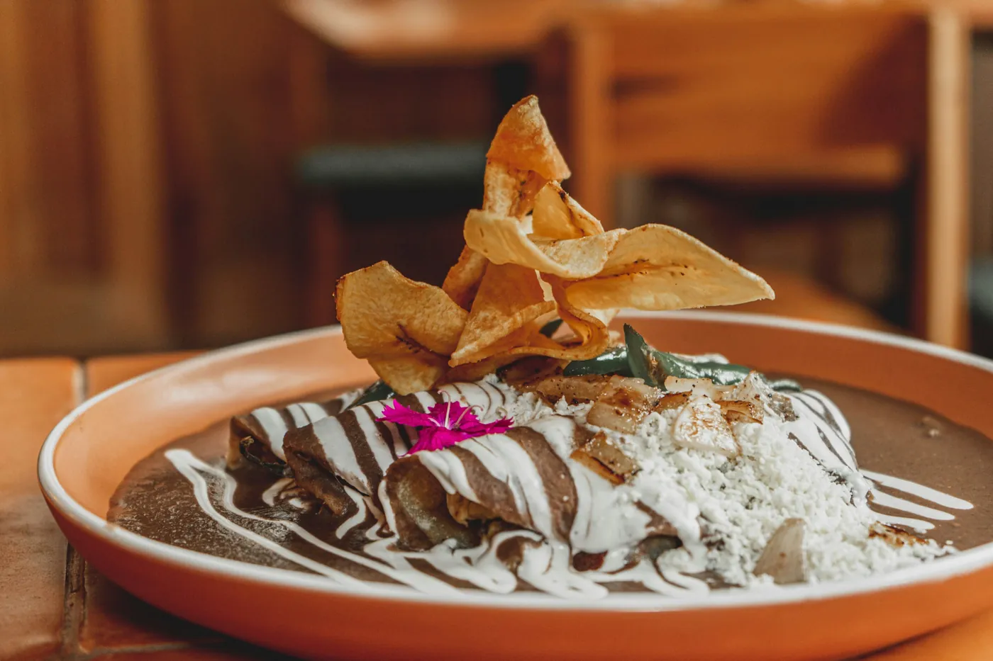 Enchiladas topped with a creamy pale sauce on a shallow clay dish