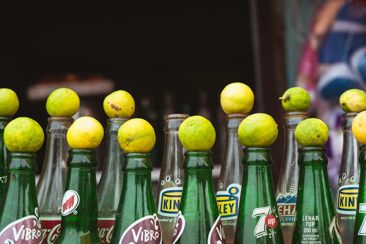 Green glass bottles arranged in rows with fruit resting on top