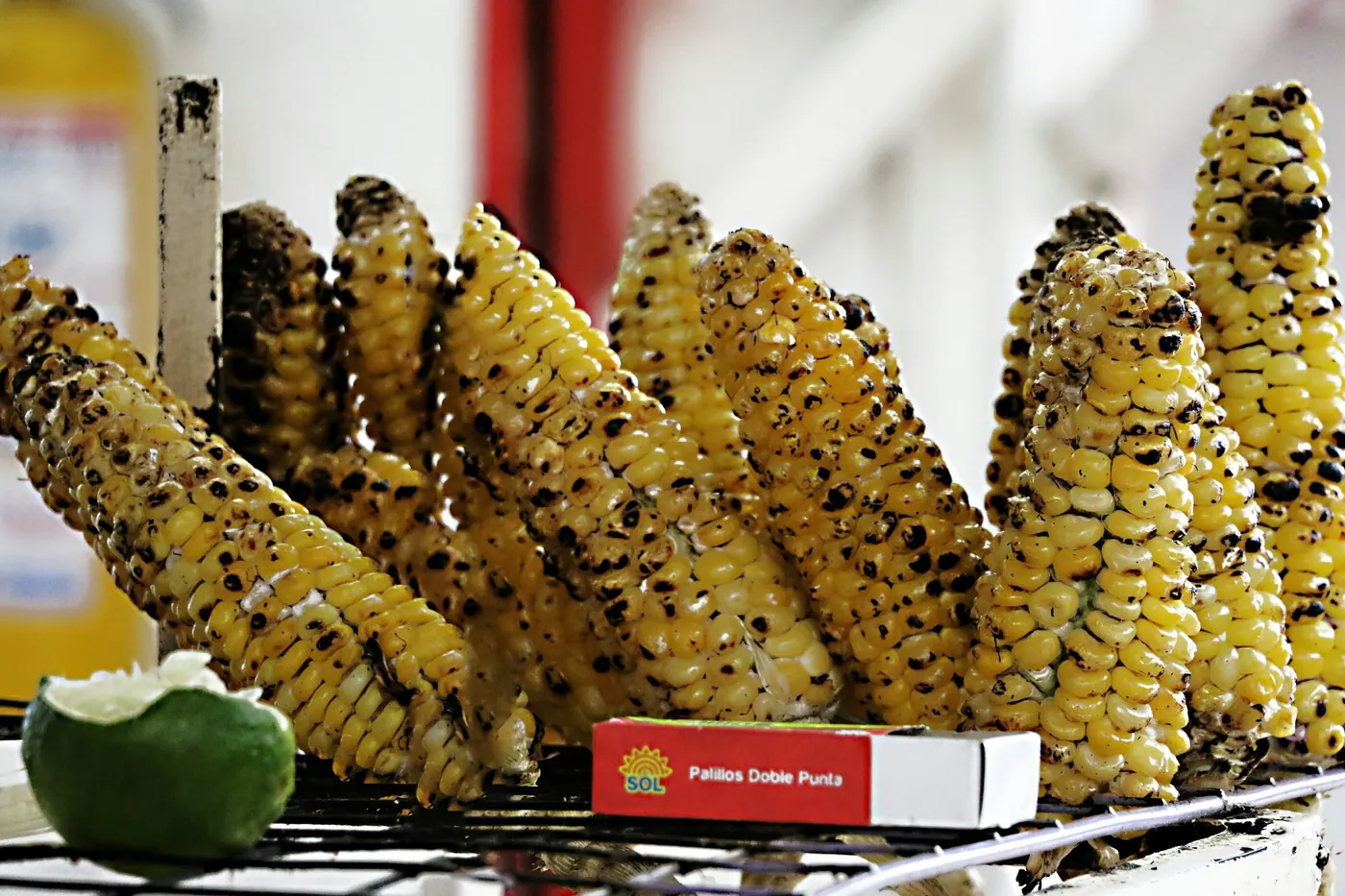 Rows of charred corn cobs lined up at a food stand