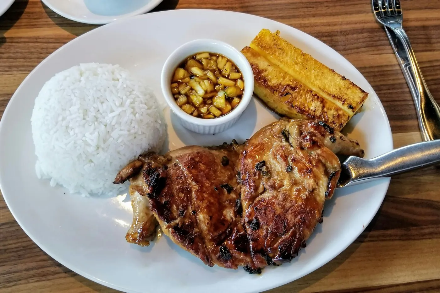 Grilled meat served simply with white rice on a plate
