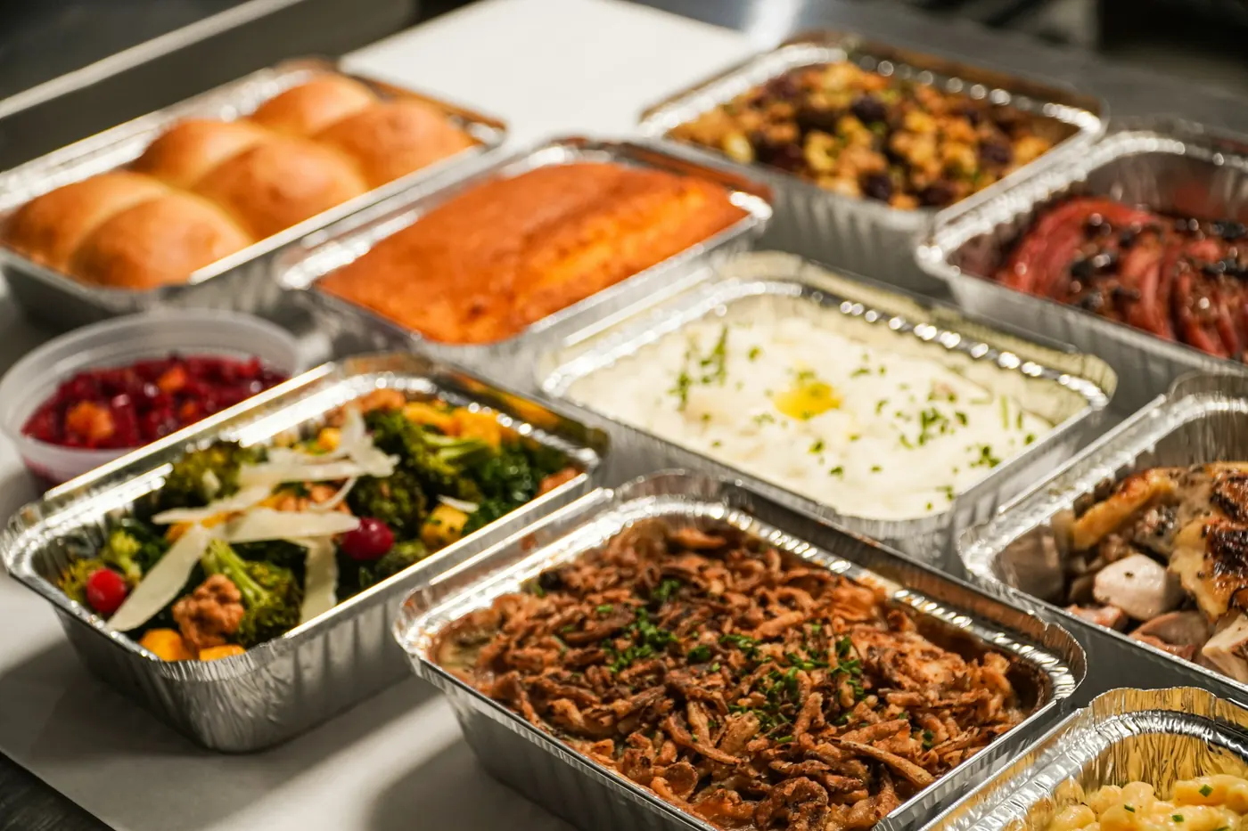 Several foil trays holding different cooked dishes