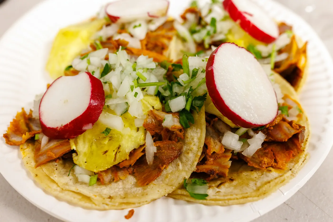 Street tacos on small corn tortillas topped with onion, cilantro and radish