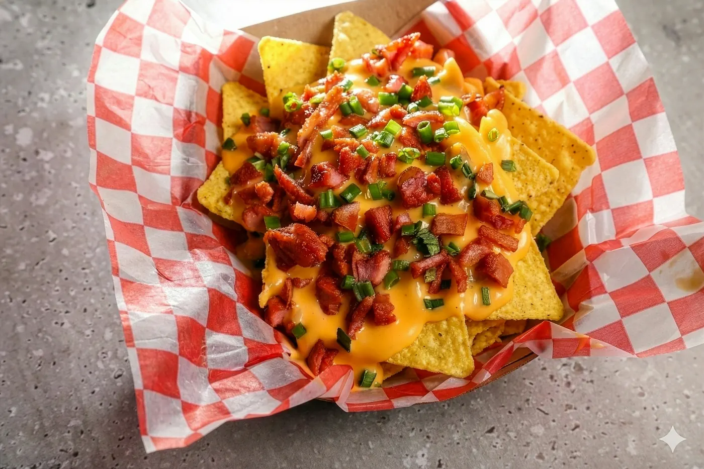 Nachos loaded with yellow cheese and jalapenos served in a lined basket