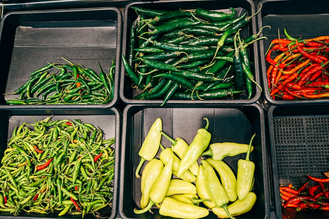 Metal trays holding fresh green, yellow and red chiles